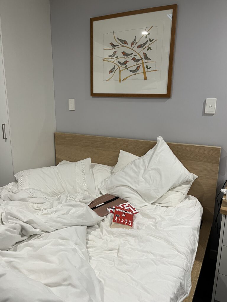 A queen sized bed under a painting of quirky birds. The bedding is white Broderie Anglaise. A large iPad and a couple of crossword books lie on it.